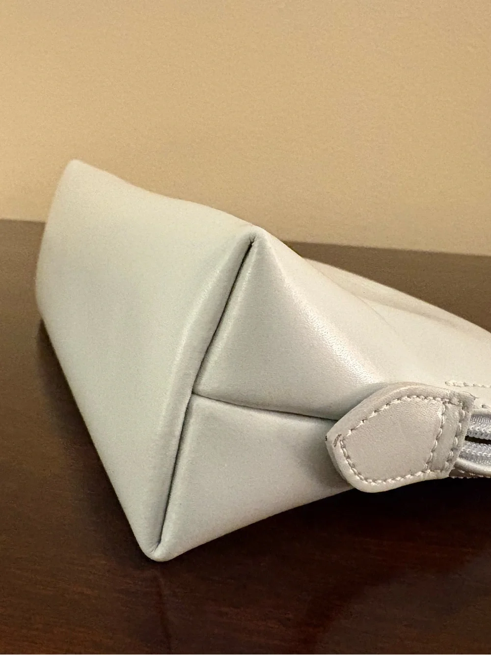 Longchamp Le Pliage Light Blue Leather Cosmetic Pouch, Silver Logo Zipper.